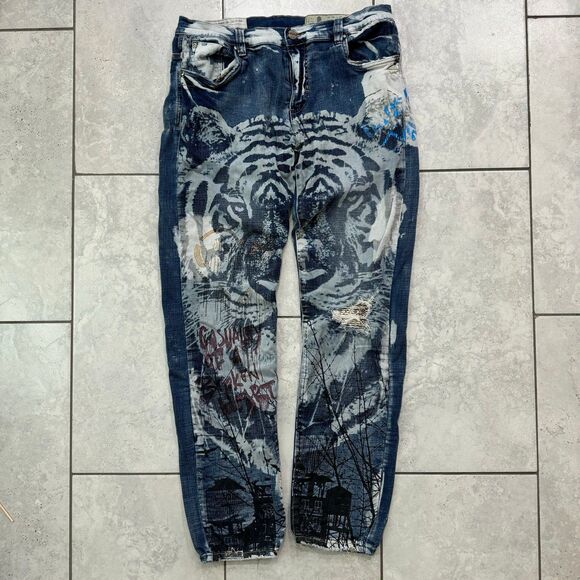 VTG Y2K Industrial Indigo Jeans 38x34 Tiger Rhinestone Distressed Art To Wear - Picture 1 of 7